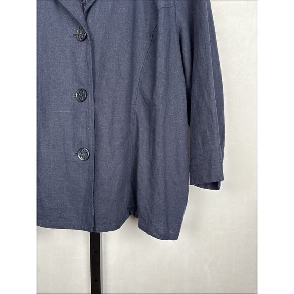 Susan Graver Linen Blend Blazer Jacket XL Navy Blue Crochet Detail Boho Classic - Picture 3 of 12